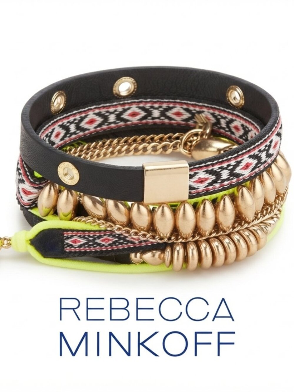 Rebecca Minkoff Mixed Media Wrap Bracelet Gold Multi Boho Leather Chain